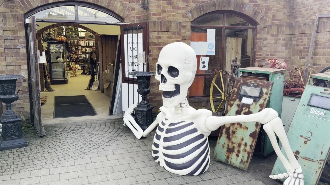 A giant skeleton welcomes visitors outside our Bangor Halloween shop
