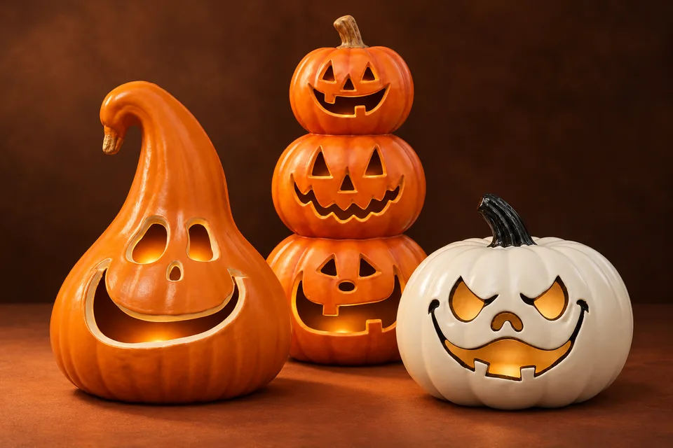 Goofy Gourd, stacked orange jack-o-lanterns and a white pumpkin arranged together