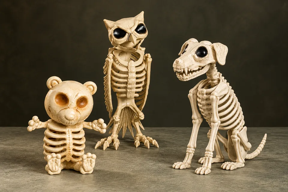 Teddy bear, owl and dog skeleton decorations arranged on a dark tabletop